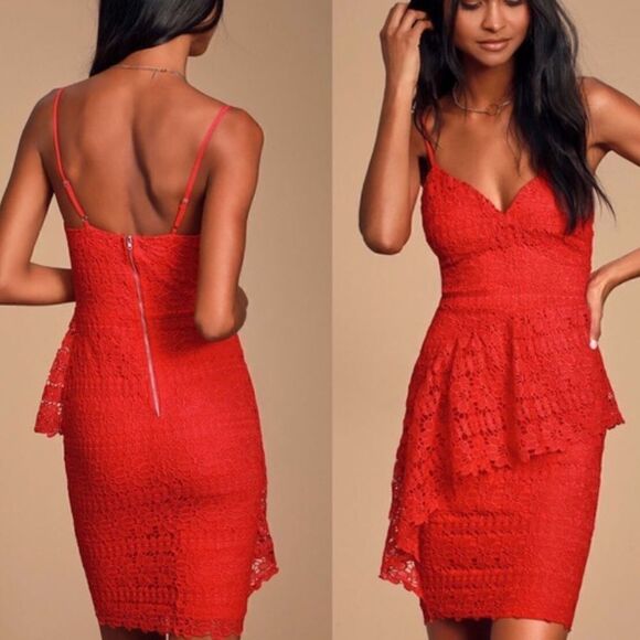 Lulu’s McKenzie red lace dress ruffle bodycon small mini - Picture 1 of 8